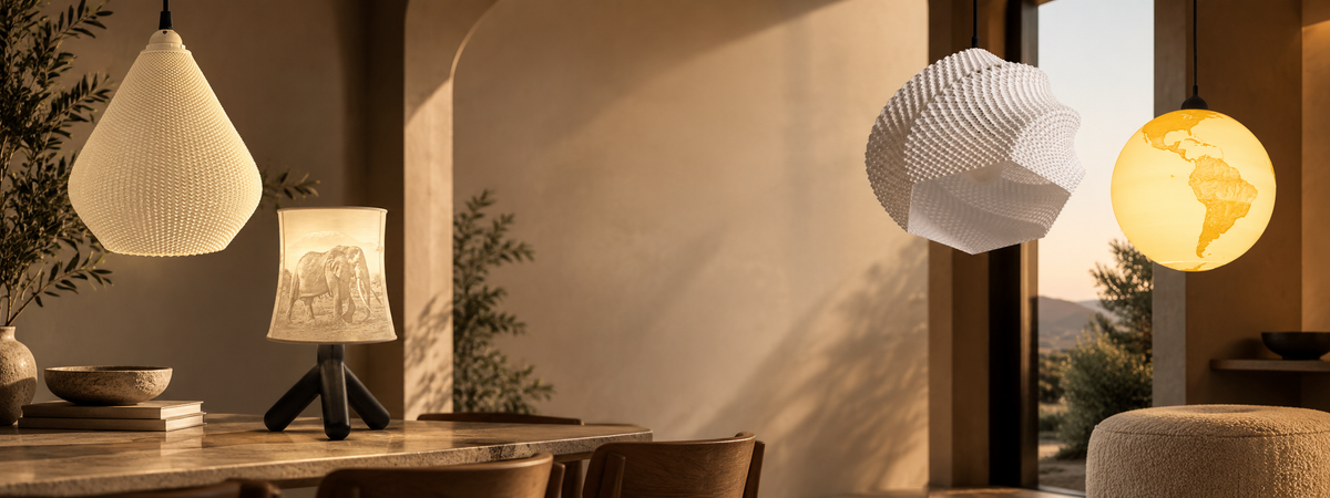 Print3D Africa lighting collection featuring 3D printed pendant and table lamps in a luxury interior