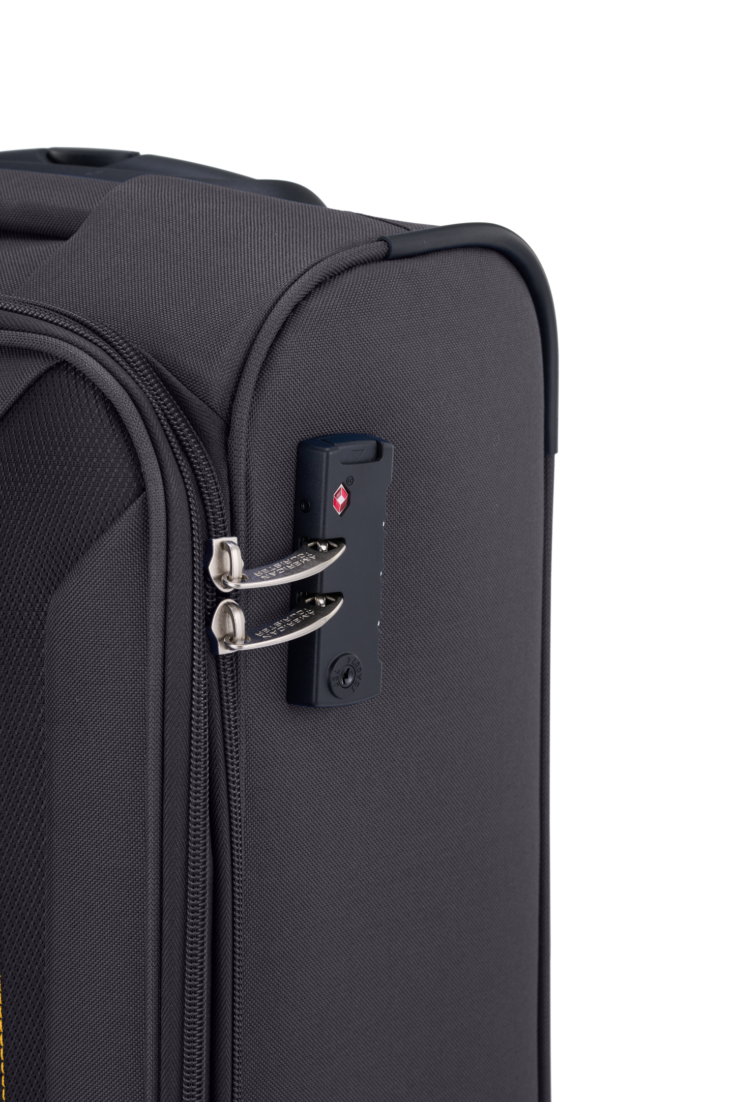 American Tourister Raya Grey softside suitcase TSA combination lock detail