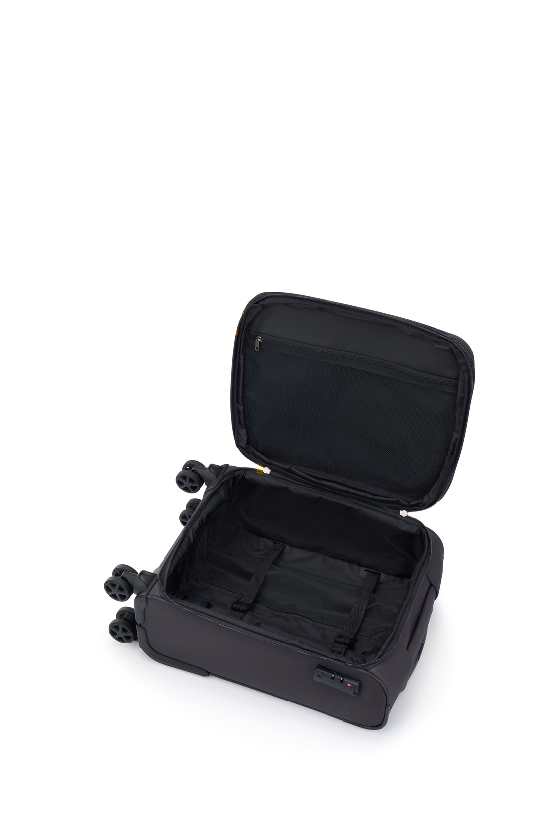 American Tourister Raya Grey softside suitcase interior with packing straps and mesh pocket