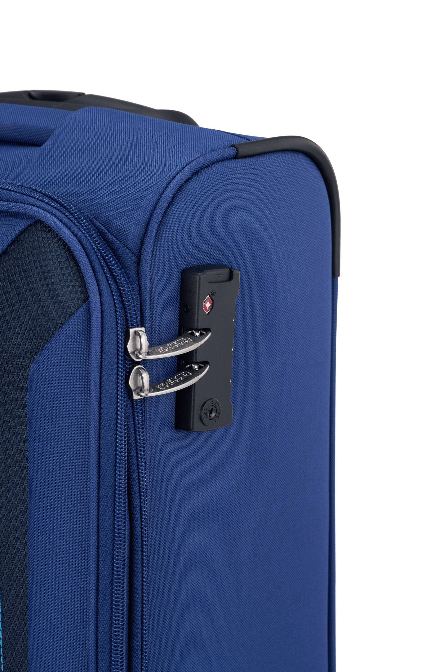 American Tourister Raya Blue softside suitcase TSA combination lock detail