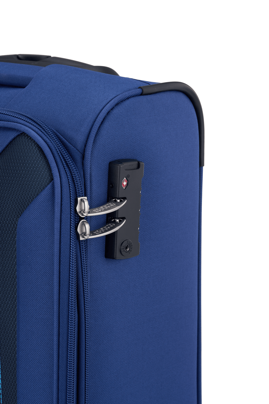 American Tourister Raya Blue softside suitcase TSA combination lock detail