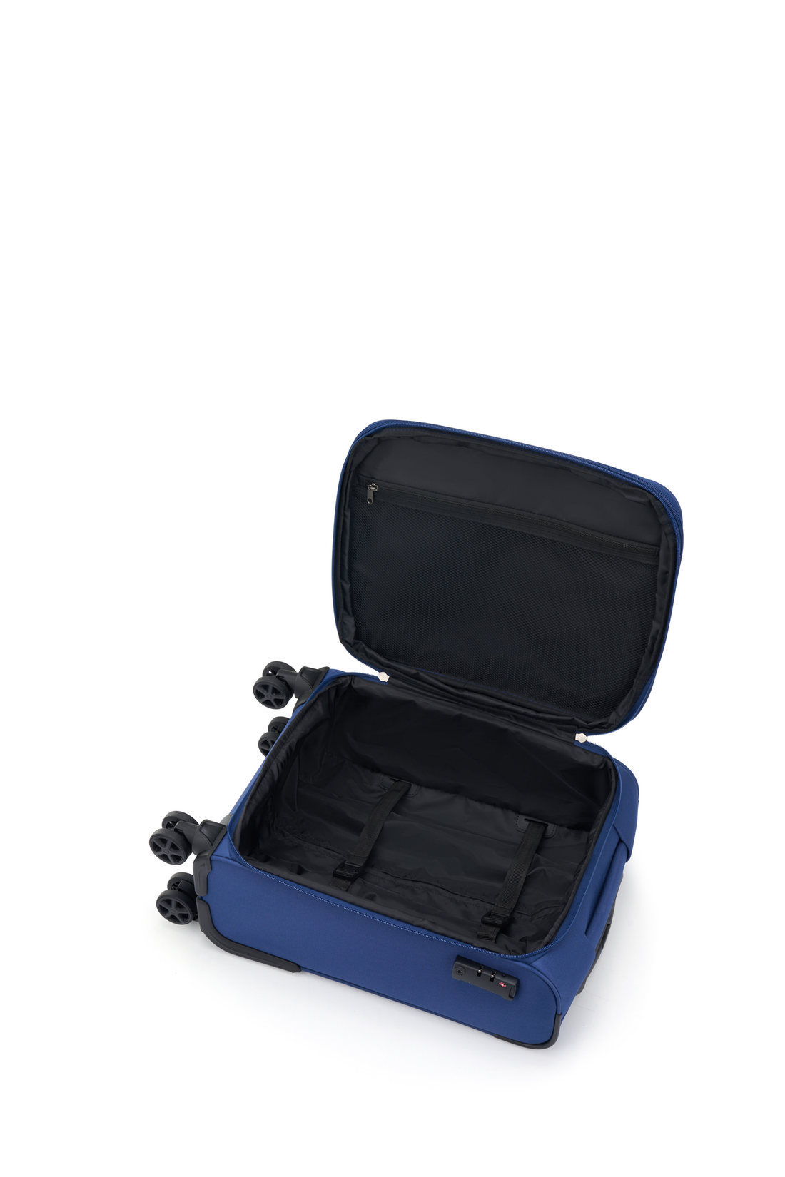 American Tourister Raya Blue softside suitcase interior with packing straps and mesh pocket