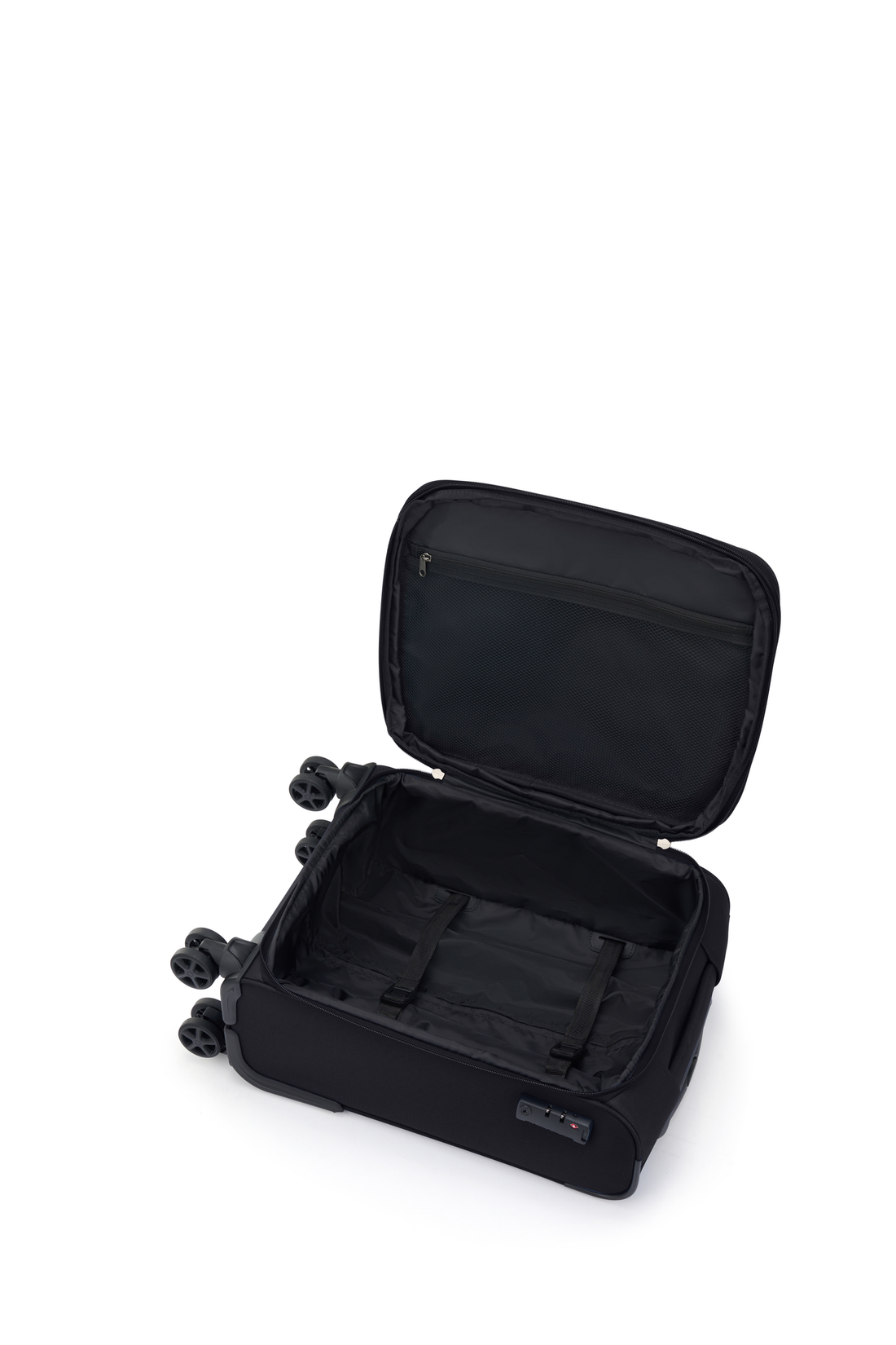 American Tourister Raya Black softside suitcase interior with packing straps and mesh pocket