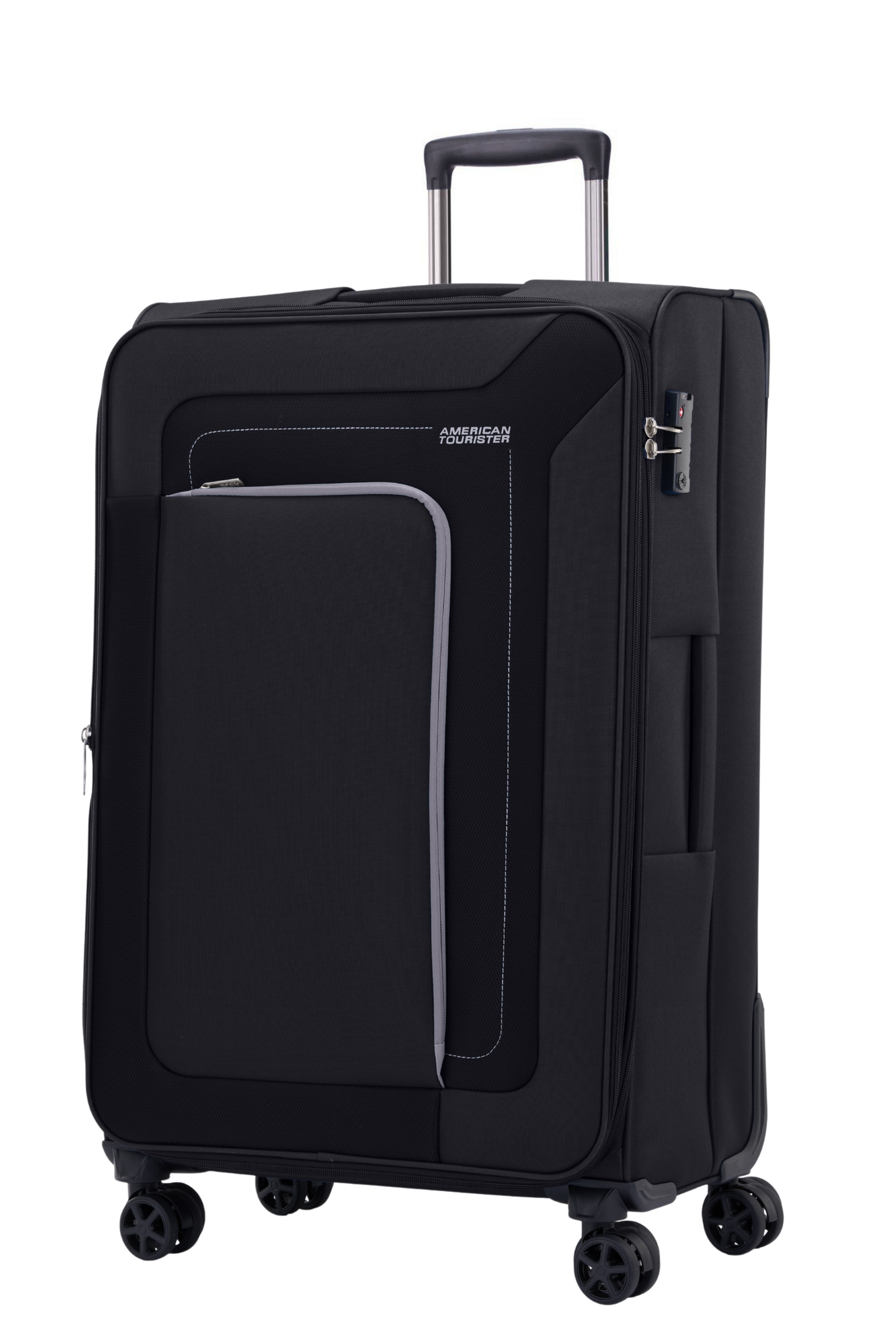 American Tourister Raya 79cm Black large softside suitcase angled view