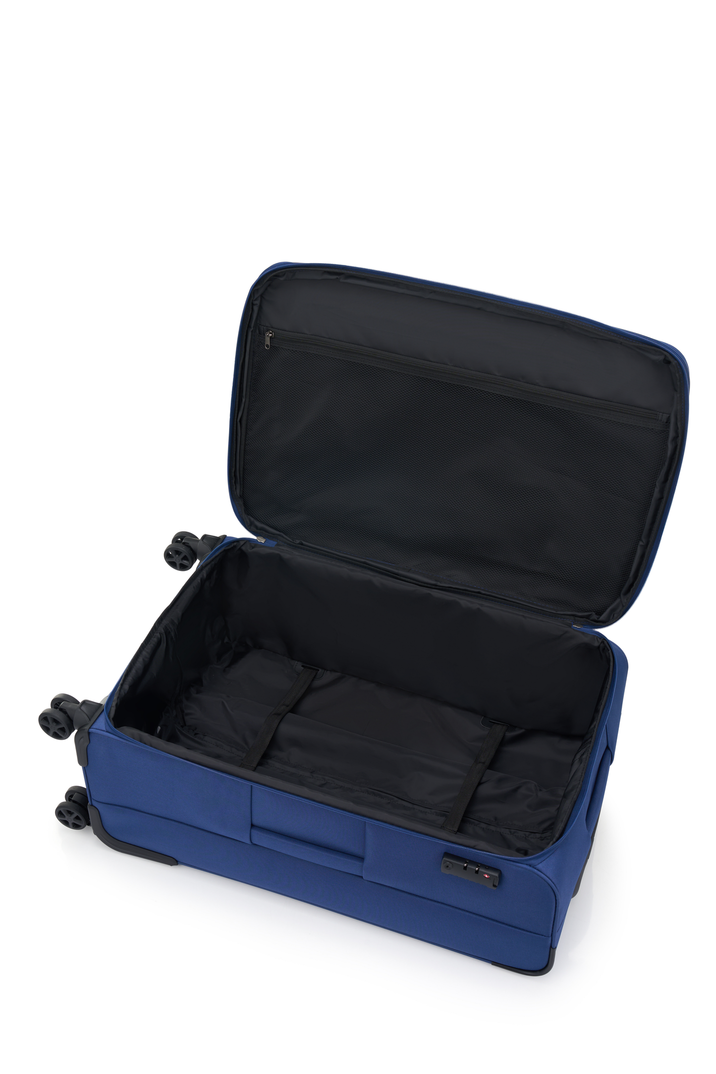 American Tourister Raya Blue softside suitcase interior with packing straps and mesh pocket