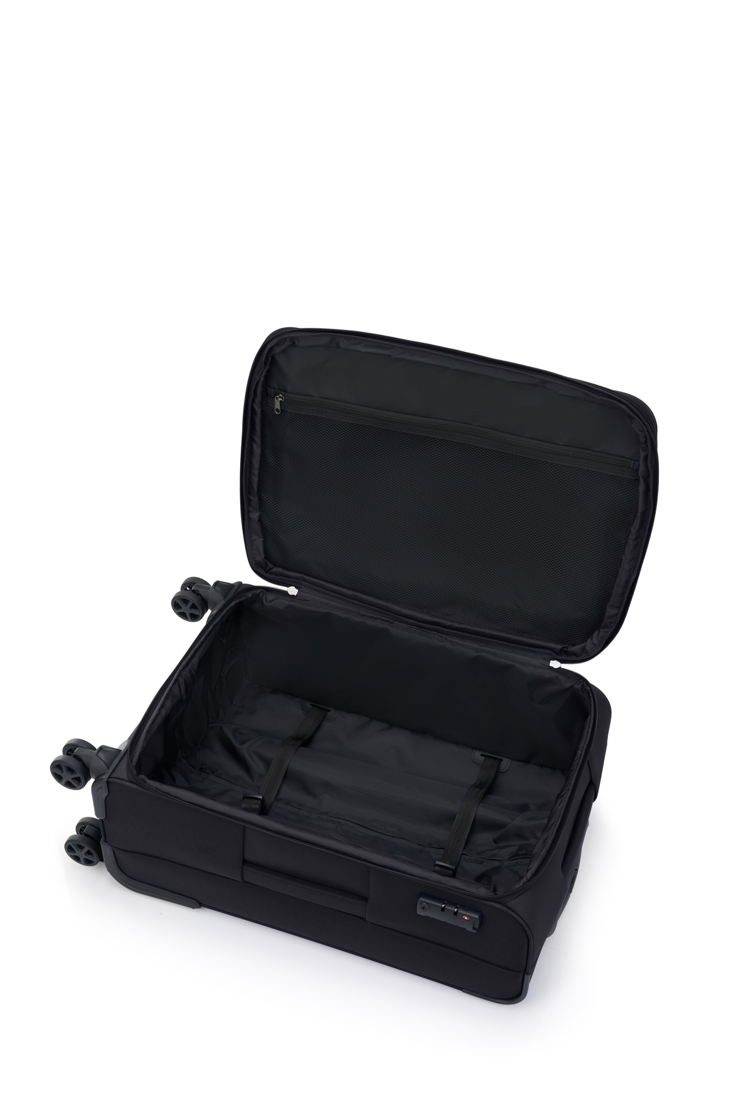 American Tourister Raya Black softside suitcase interior with packing straps and mesh pocket