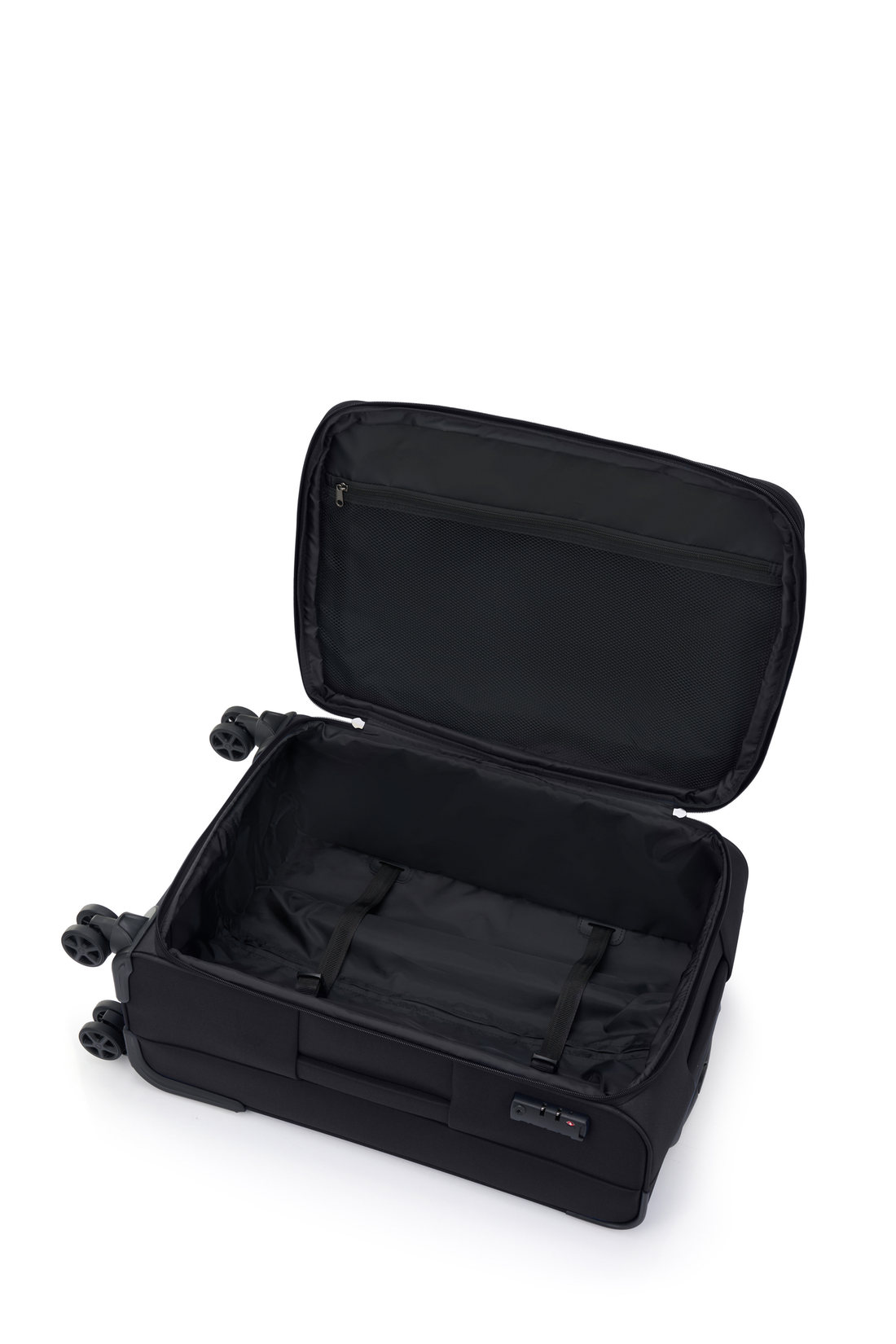 American Tourister Raya Black softside suitcase interior with packing straps and mesh pocket