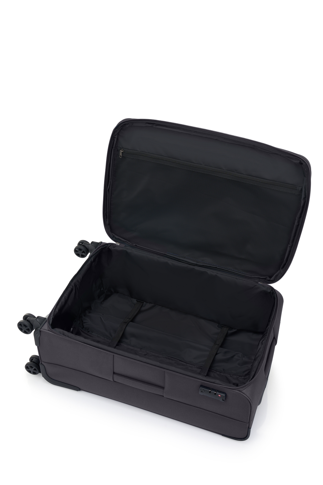 American Tourister Raya Grey softside suitcase interior with packing straps and mesh pocket