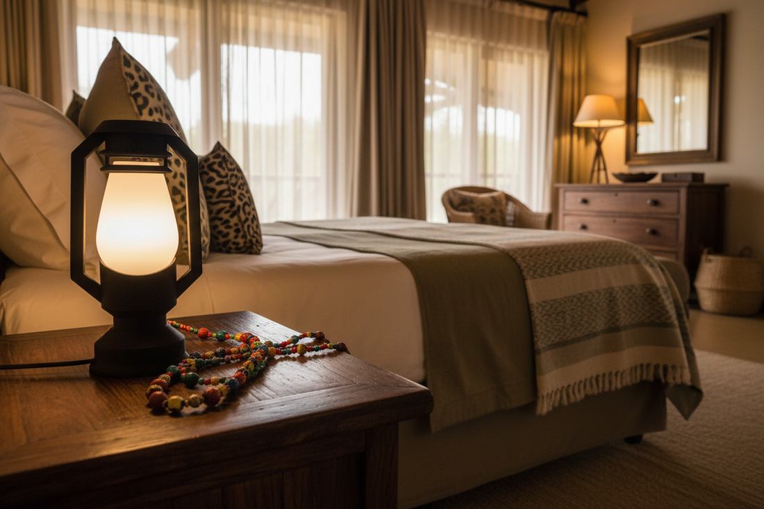 Print3D Africa KOROBOI Table Lamp – warm bedroom lifestyle view | Red Rhino Kenya