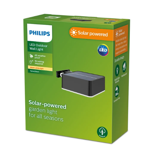 Philips Outdoor Solar Vynce Wall Light 1.5 W Daylight Sensor IP44 Weatherproof Black Square
