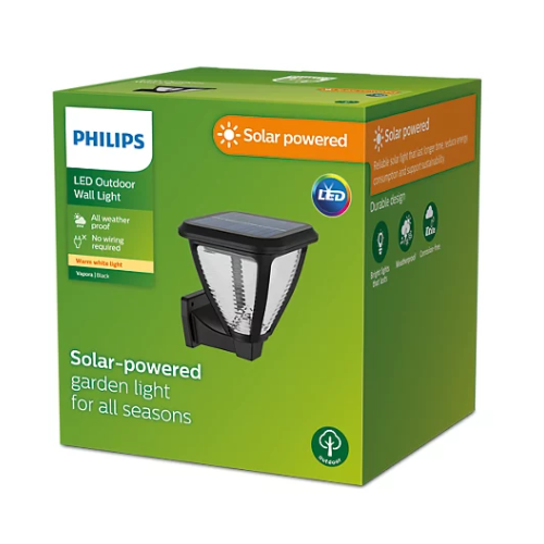 Philips Outdoor Solar Vapora Wall Light 1.5 W Daylight Sensor IP44 Weatherproof Black