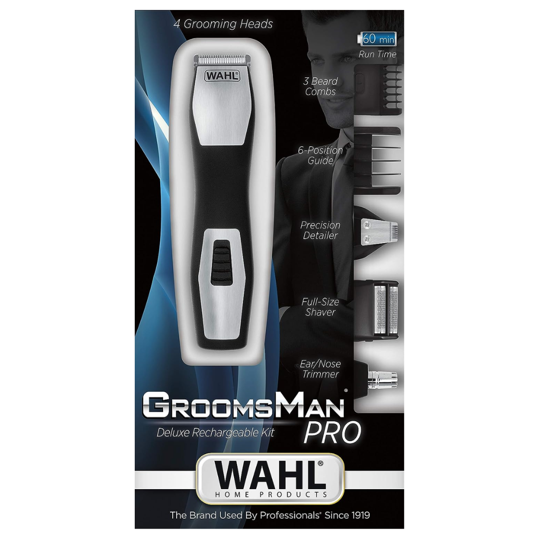 Wahl Groomsman Pro All-in-one Rechargeable Grooming Kit, Black/Silver-9855