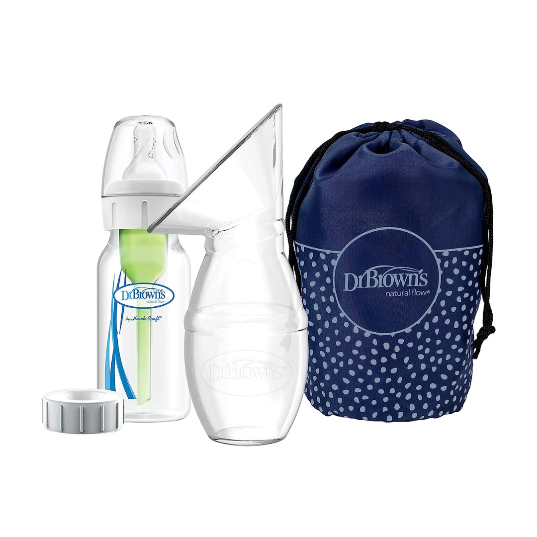 Dr. Brown's Silicone One-Piece Breast Pump & Travel Bag, 150ML Anti-Colic Options+ Baby Bottle, Level 1 Nipple & Travel Lid-BF035 - Red Rhino