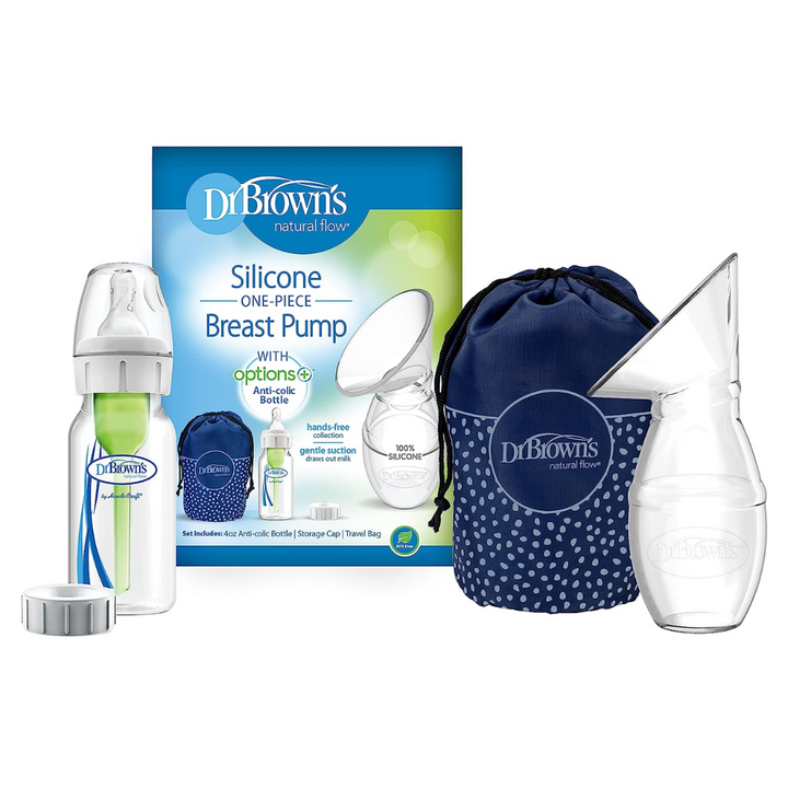 Dr. Brown's Silicone One-Piece Breast Pump & Travel Bag, 150ML Anti-Colic Options+ Baby Bottle, Level 1 Nipple & Travel Lid-BF035 - Red Rhino