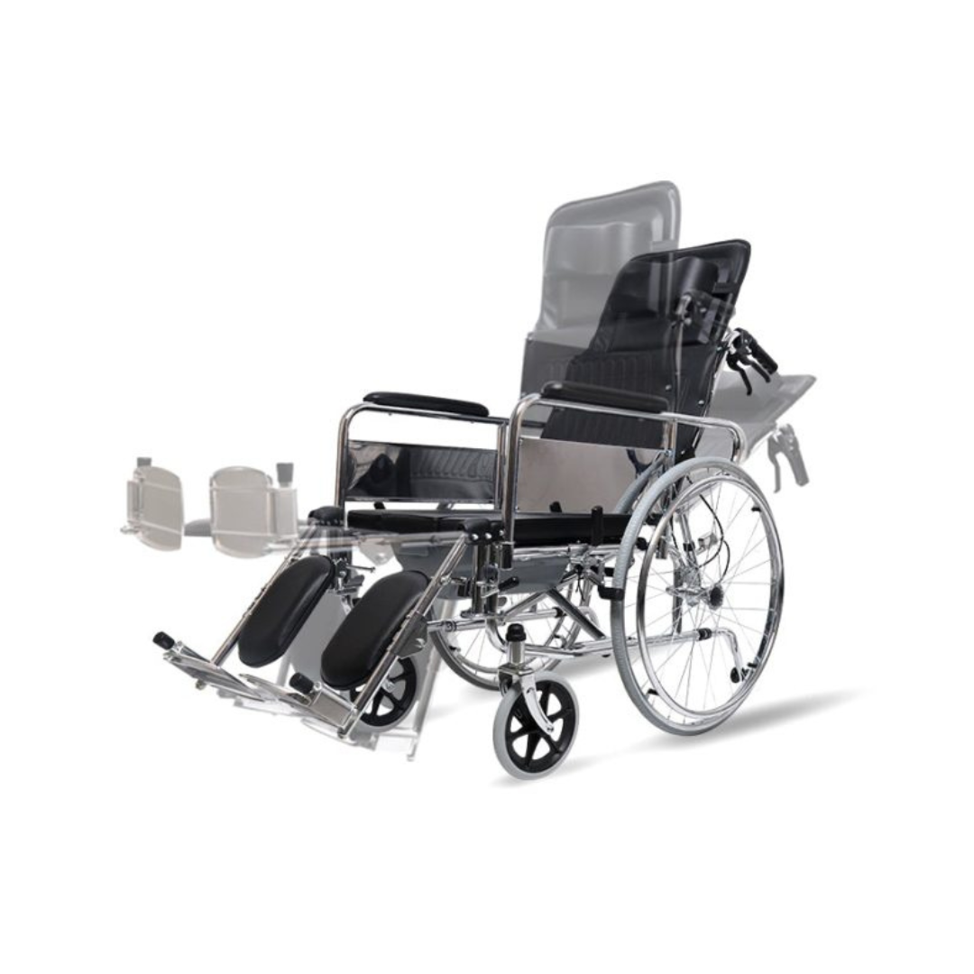 Mobi-Aid Hydraulic Recliner Commode Wheelchair Foldable - Red Rhino