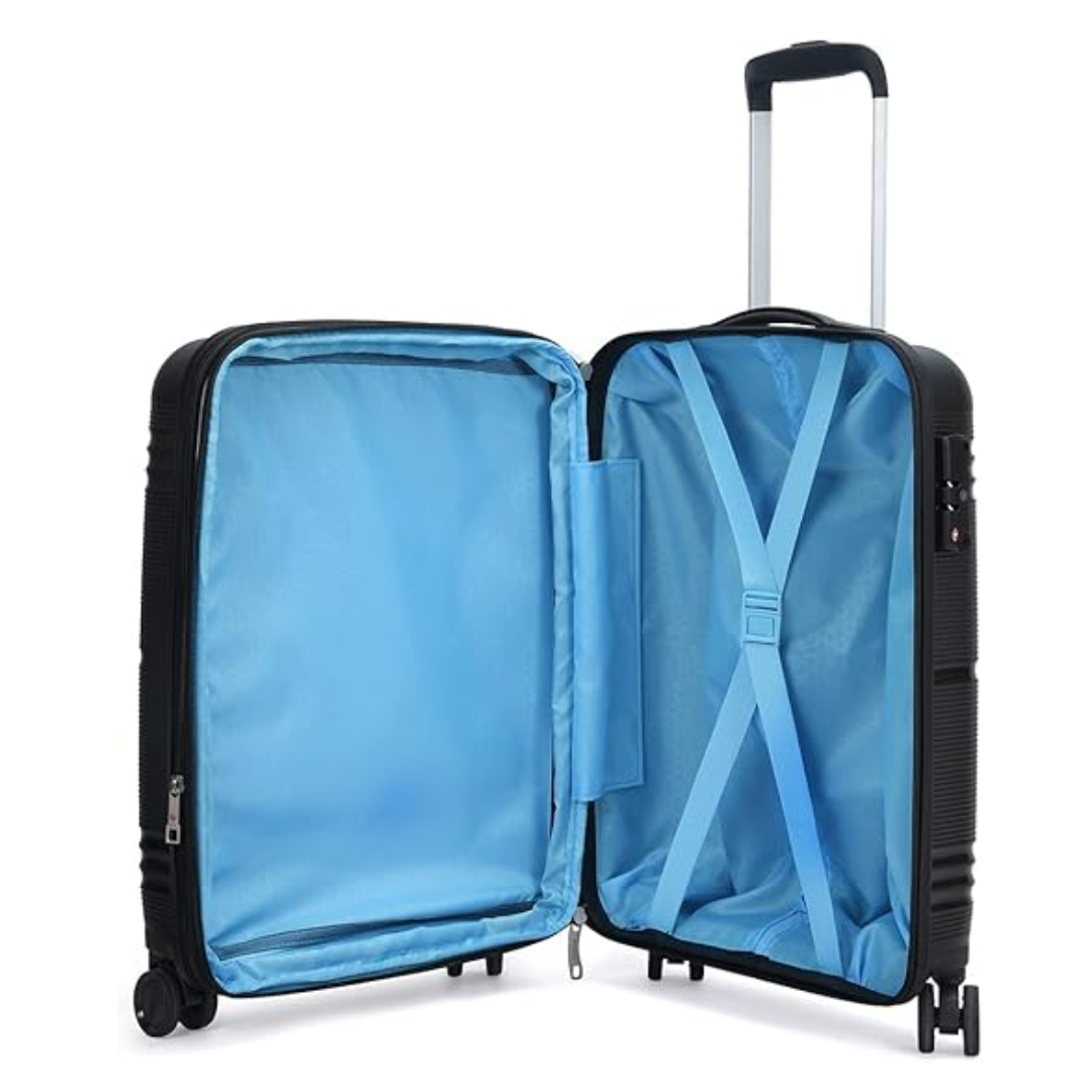 Carlton Focus Plus black suitcase wheel and handle detail