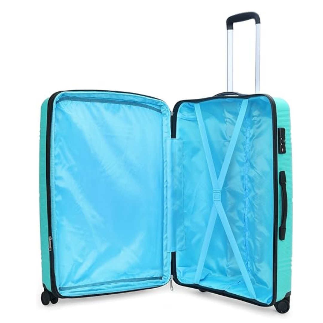 Carlton Focus Plus turquoise suitcase wheel and handle detail