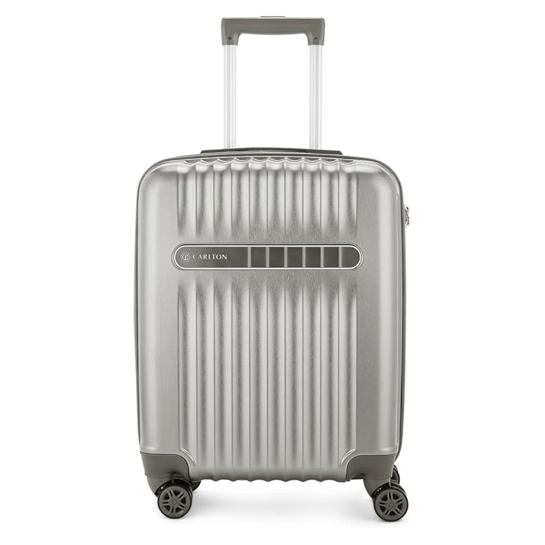 Carlton Meridian silver eight-wheel suitcase, front view