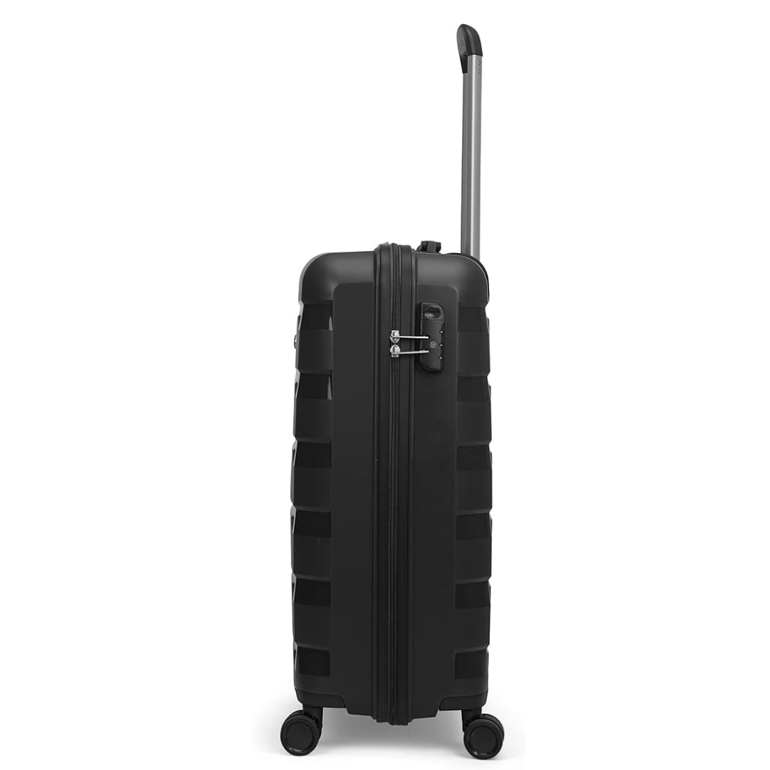 Carlton Porto Plus black suitcase wheel and handle detail