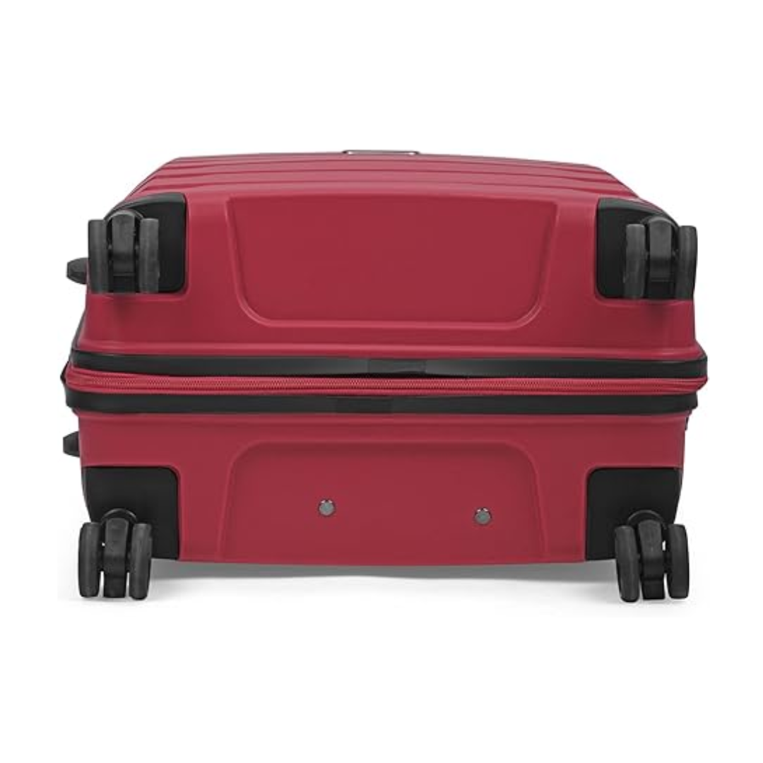 Carlton Porto Plus maroon suitcase wheel and handle detail