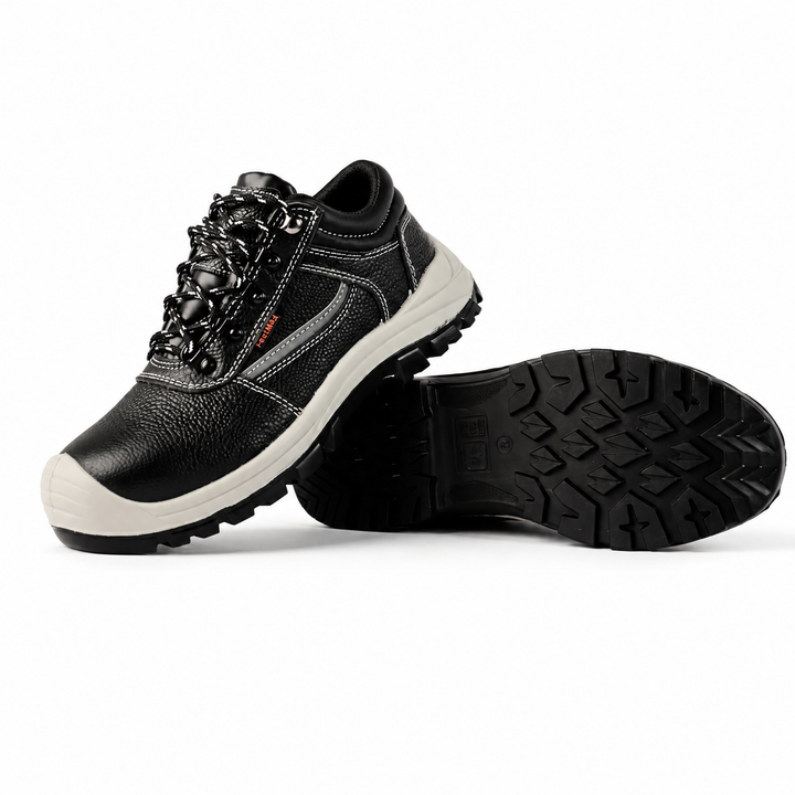 Feetmax Genuine Leather Steel Toe Safety Shoe with Steel Midsole & PU Double-Density Sole – Black