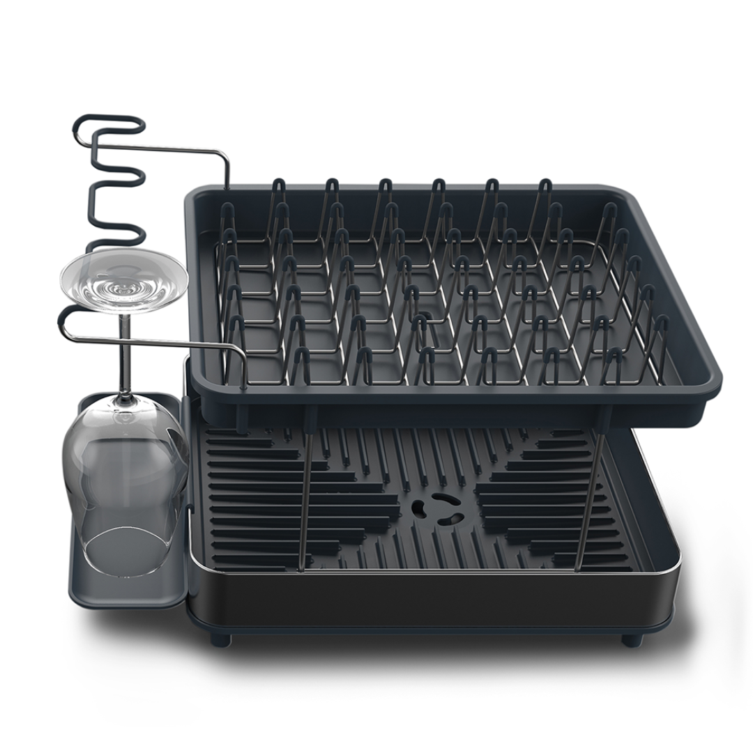 Joseph Joseph Excel Steel two-tier grey dish rack, front view