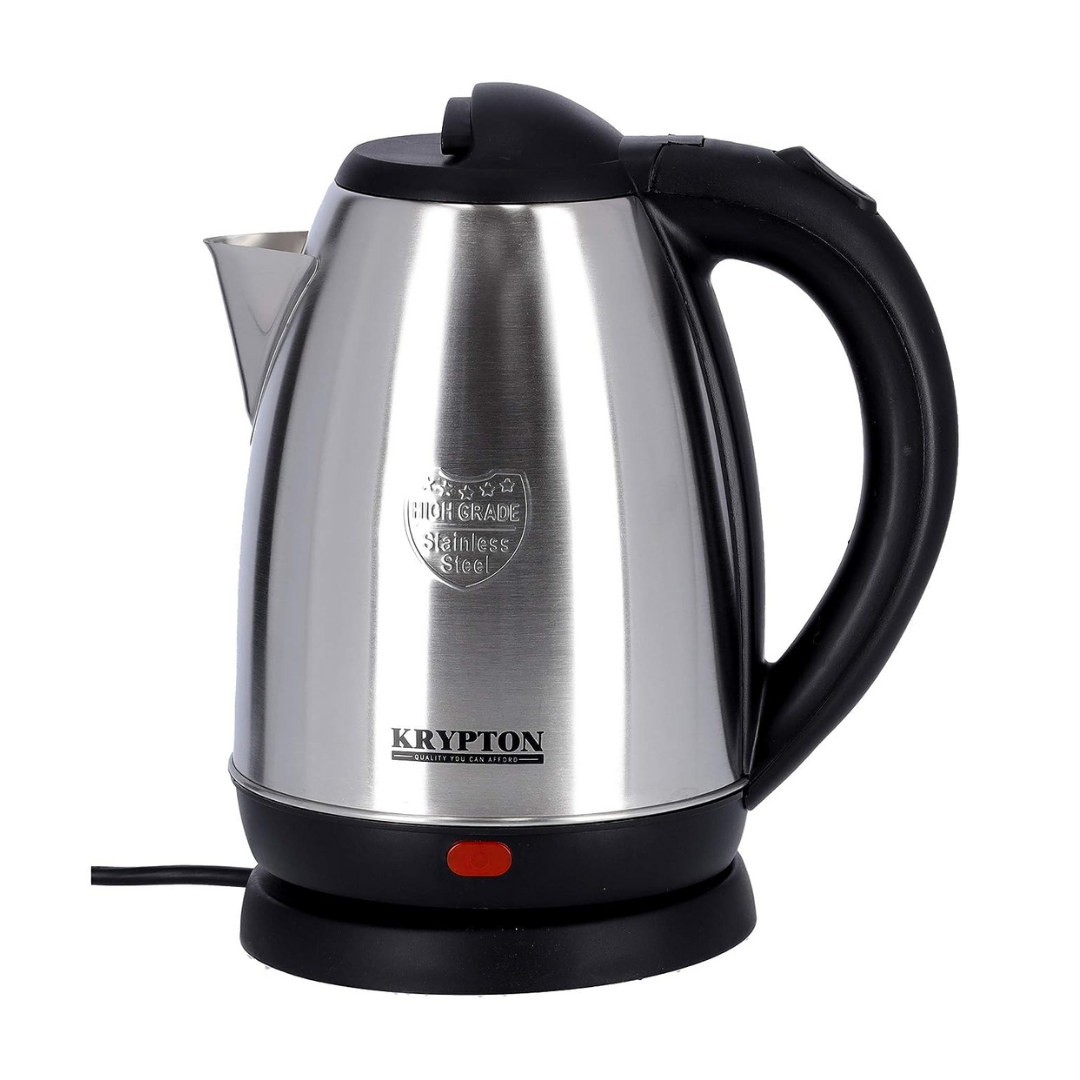 Krypton 1.8L 1500W black and silver electric kettle, front view