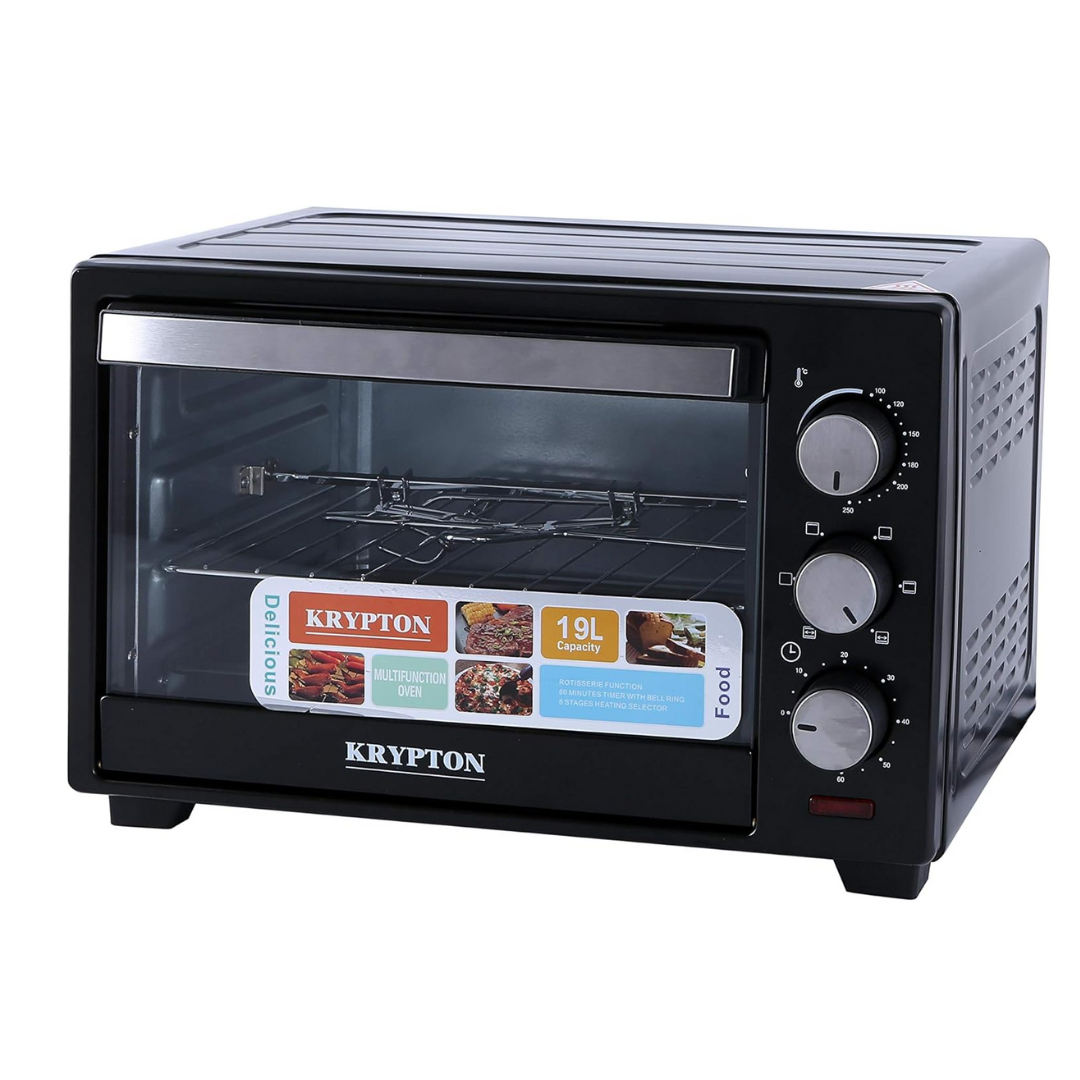 Krypton 19L 1280W black electric oven with rotisserie, front view