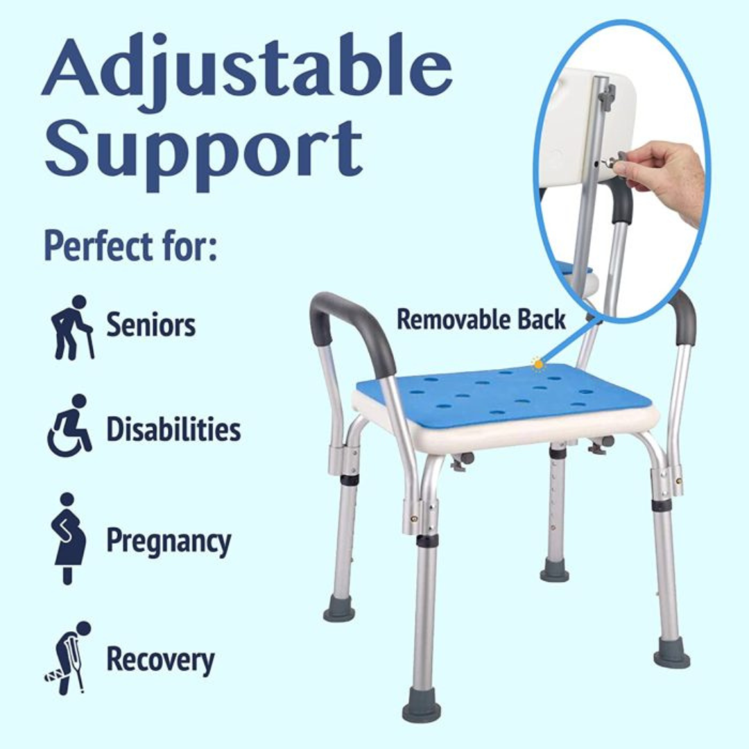 Mobi-Aid Shower Chair Stool with Armrest, Foldable and Height Adjustable - Red Rhino