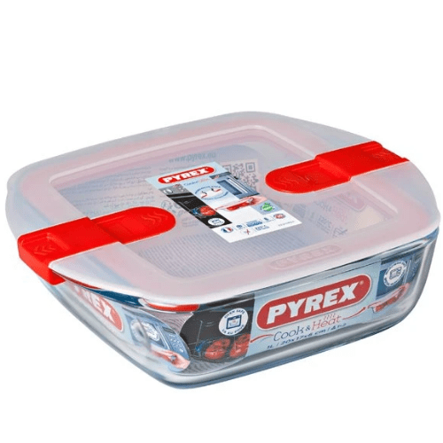 Pyrex Cook and Heat Square glass food container with patented microwave safe lid -2.2 L