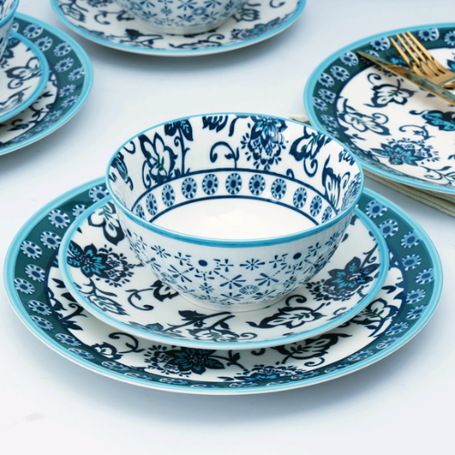 Regal Blue Blossom - 24 piece Santorini Charm Collection Dinner Set