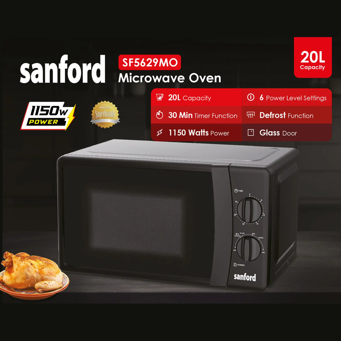 Sanford 20L microwave oven SF5629MO black, side view