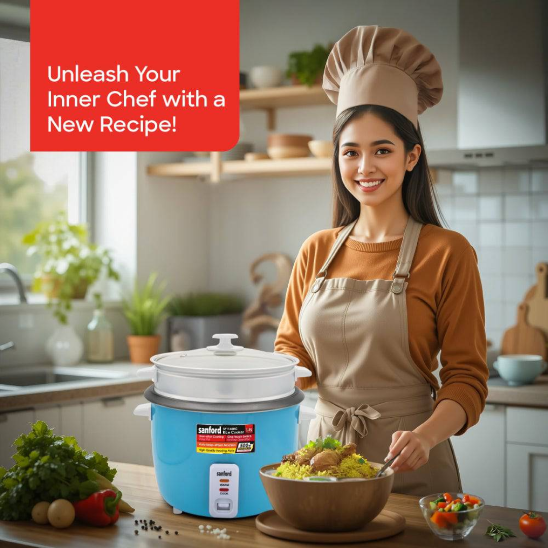 Sanford 1.5L Automatic Rice Cooker with Non-Stick Pot, Glass Lid, and Keep Warm Function for Daily Cooking SF1160RC