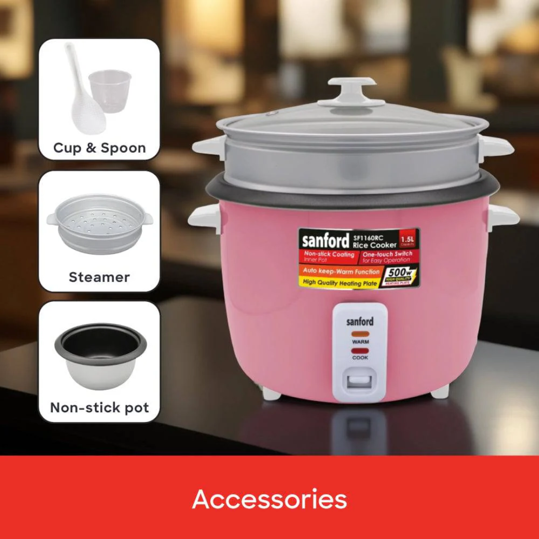 Sanford 1.5L Automatic Rice Cooker with Non-Stick Pot, Glass Lid, and Keep Warm Function for Daily Cooking SF1160RC