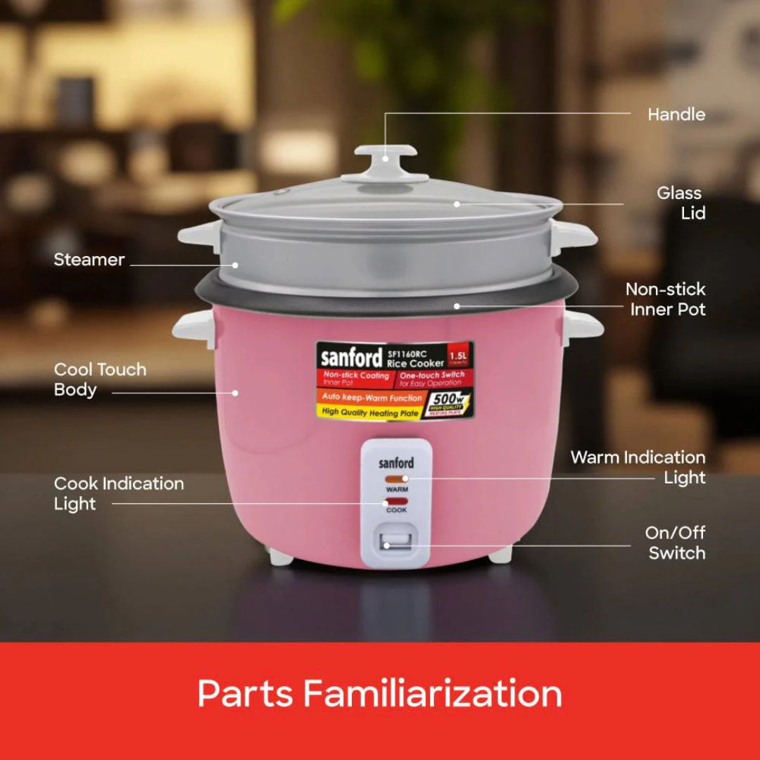 Sanford 1.5L Automatic Rice Cooker with Non-Stick Pot, Glass Lid, and Keep Warm Function for Daily Cooking SF1160RC