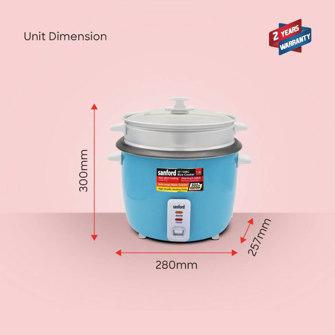 Sanford 1.5L Automatic Rice Cooker with Non-Stick Pot, Glass Lid, and Keep Warm Function for Daily Cooking SF1160RC