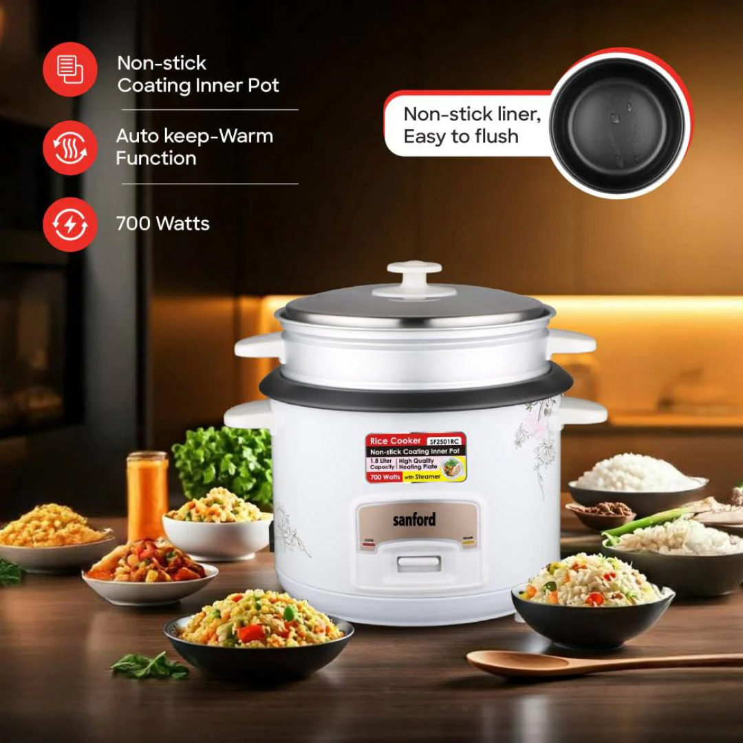 Sanford 1.8L Rice Cooker with Steamer 700W Non-Stick Inner Pot SF2501RC