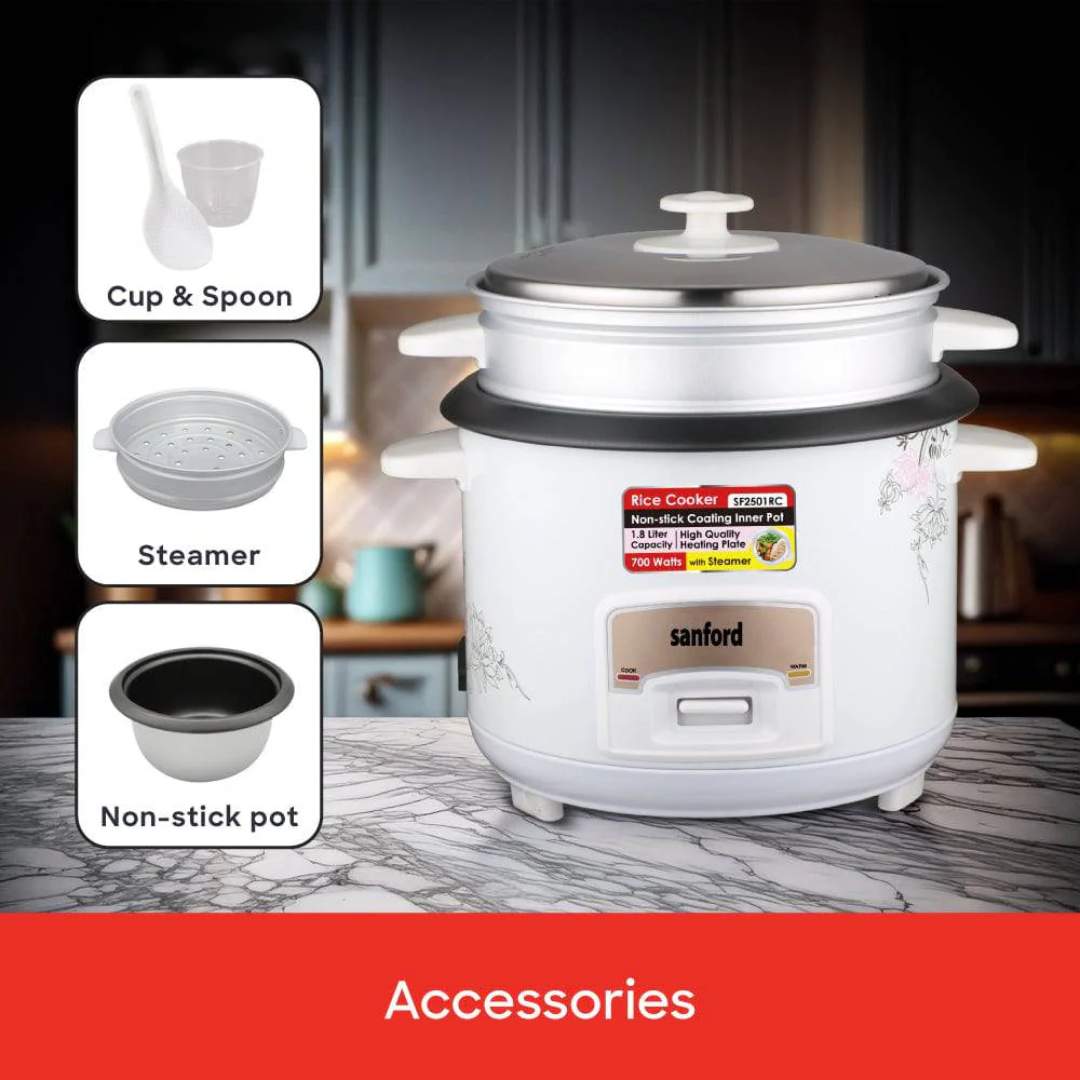 Sanford 1.8L Rice Cooker with Steamer 700W Non-Stick Inner Pot SF2501RC