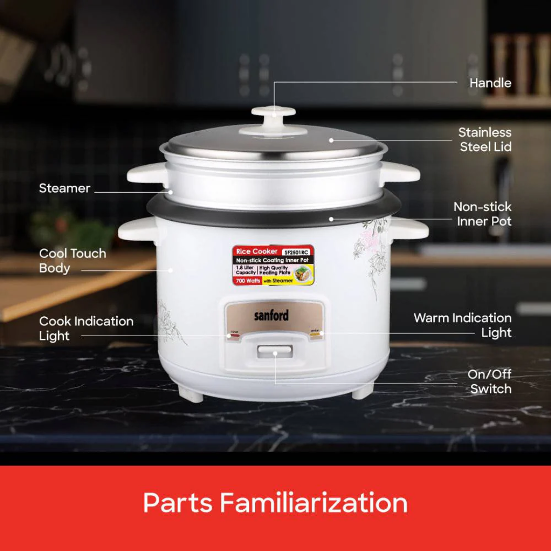 Sanford 1.8L Rice Cooker with Steamer 700W Non-Stick Inner Pot SF2501RC