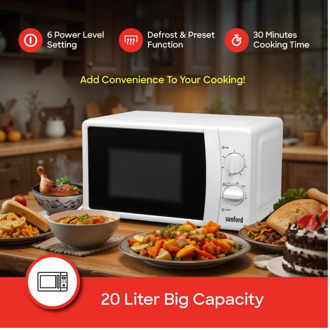 Sanford 20L microwave oven SF5629MO white, door-open view