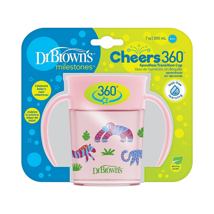 Dr. Brown's Training Sippy Cups Cheers 360â¢ with Handles Pink Animal Deco, 200ML, 6m+-TC71005 - Red Rhino
