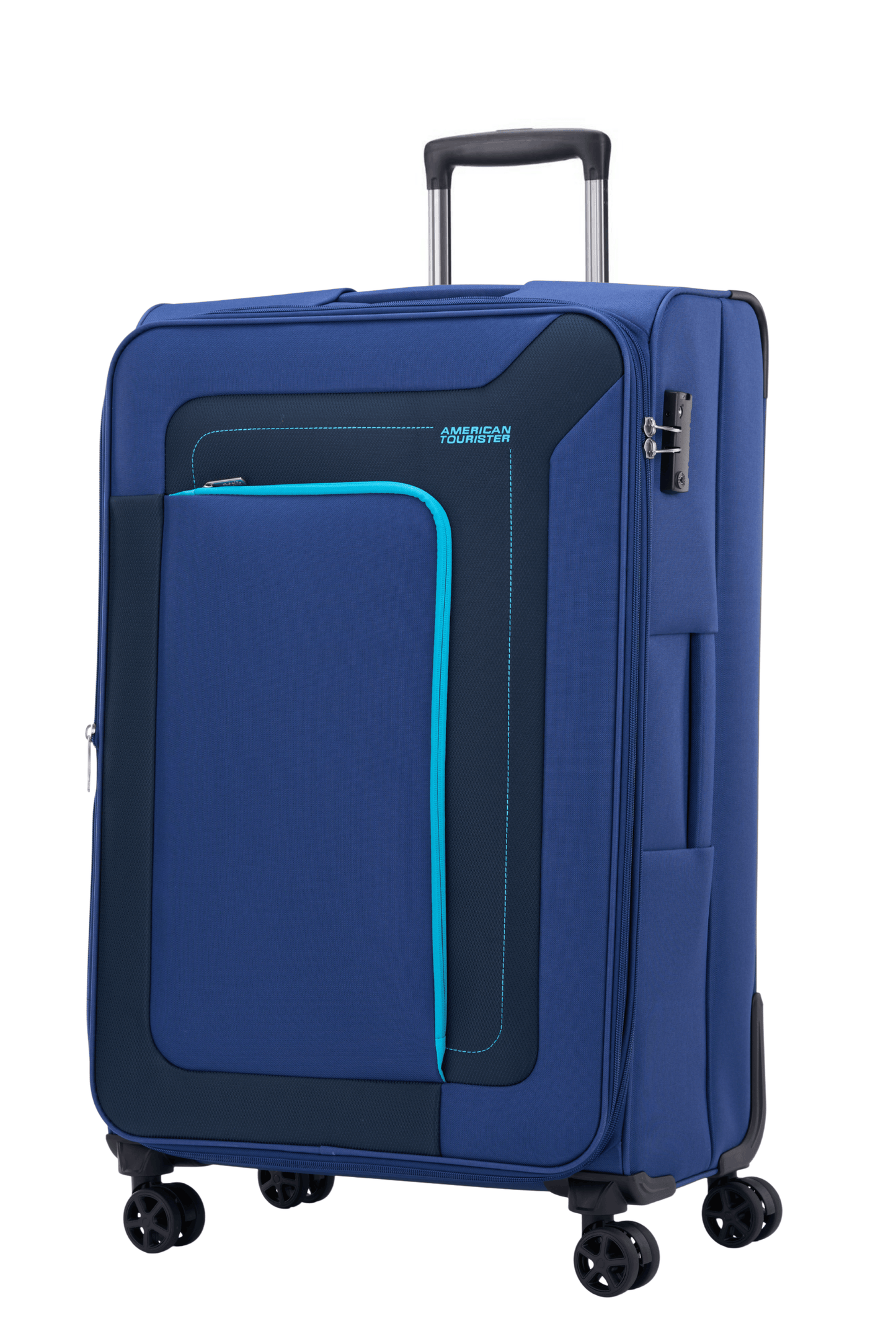American Tourister Raya 79cm Blue large softside suitcase angled view