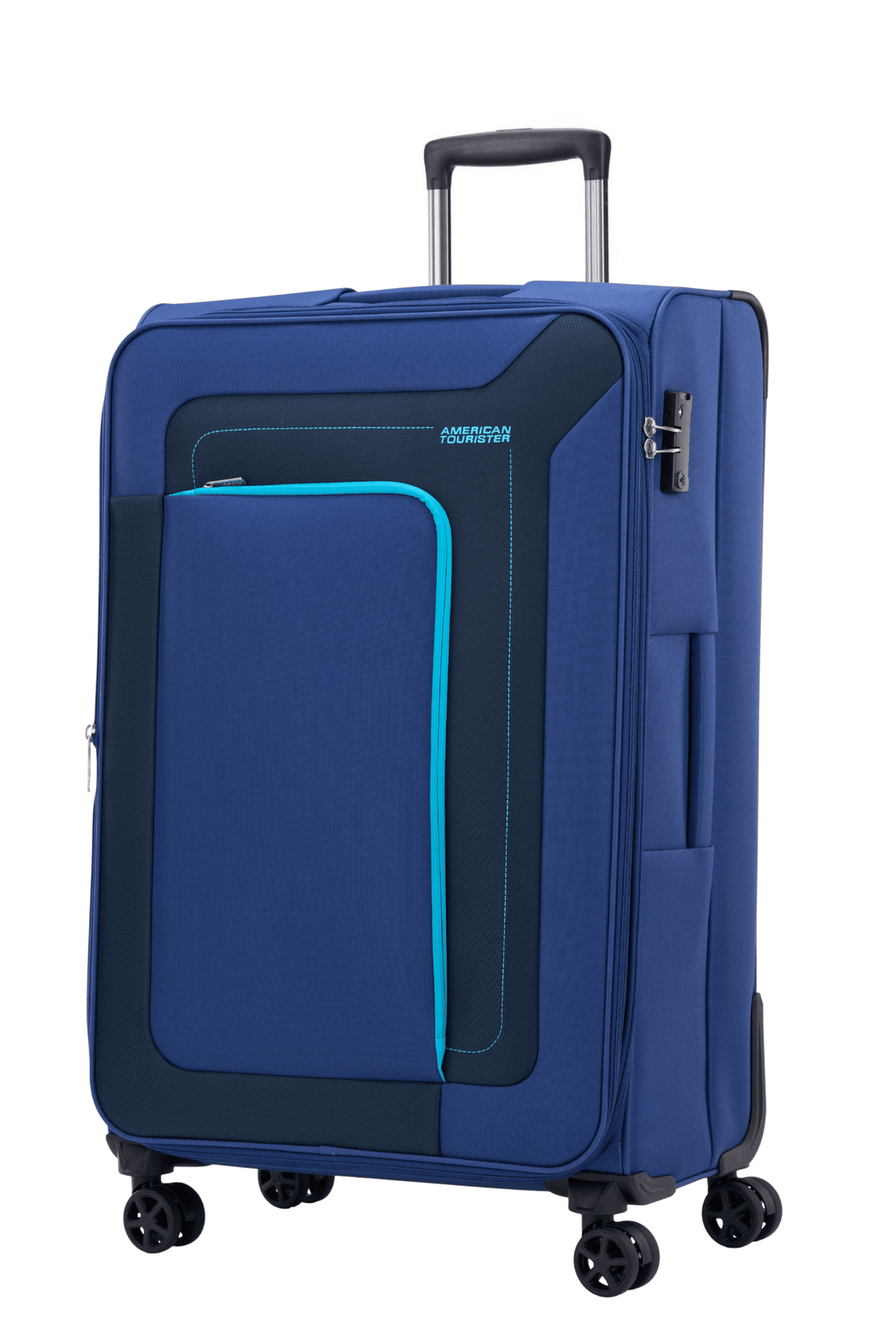 American Tourister Raya 79cm Blue large softside suitcase angled view