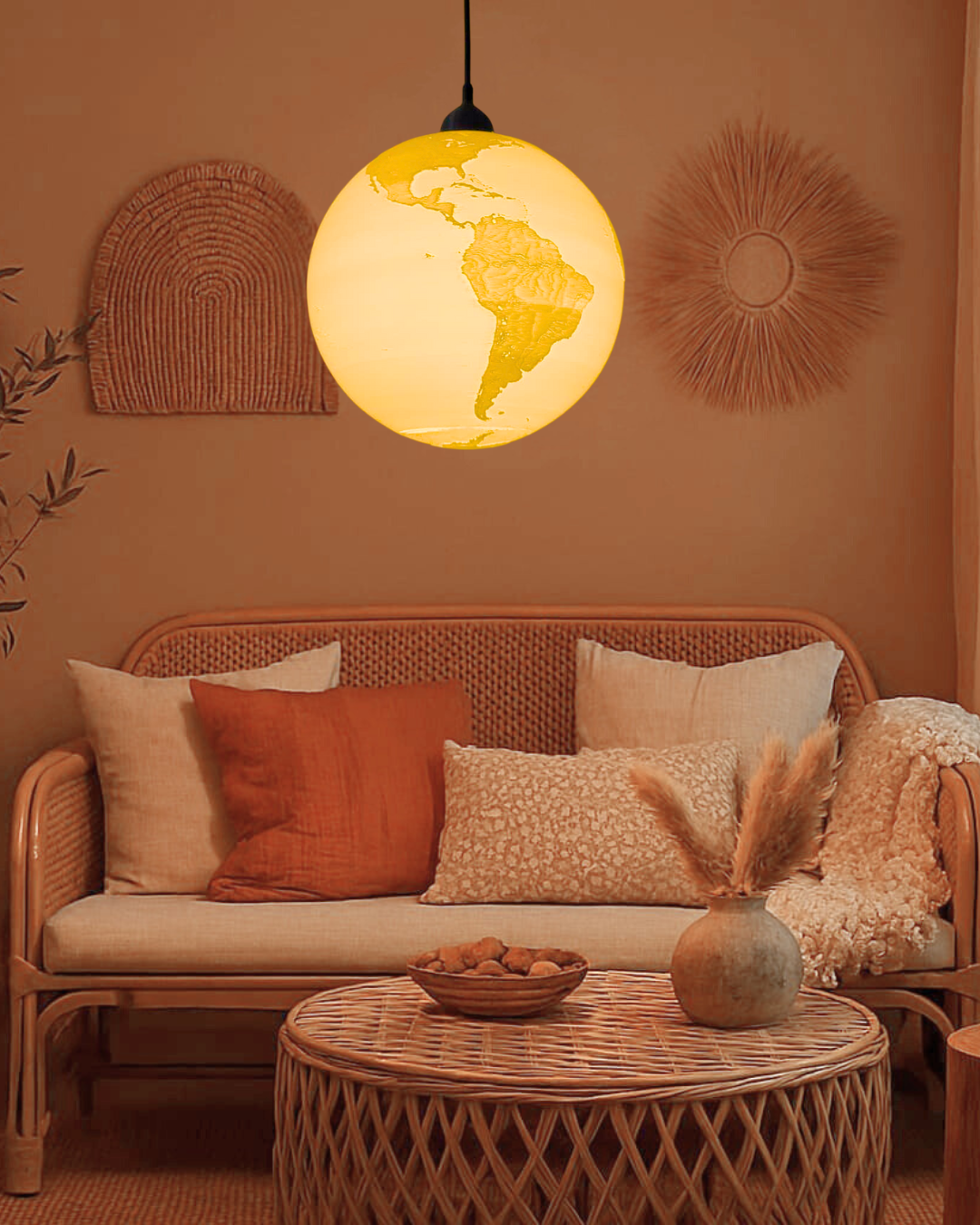 Print3D Africa Earth Pendant Lamp living room lifestyle - Red Rhino Kenya