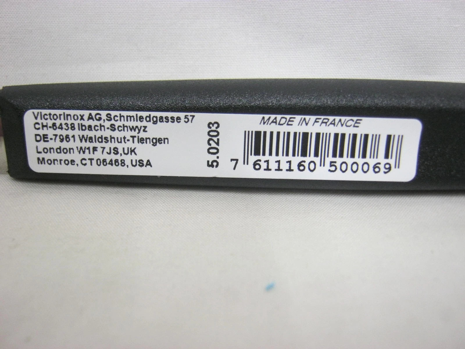 Victorinox 5.0203 black double-edge peeler article number and barcode label detail
