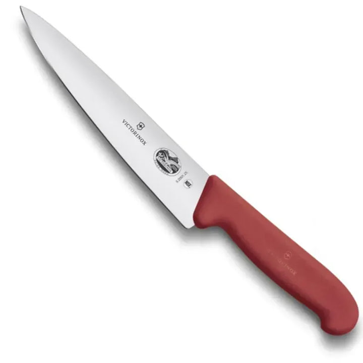 Victorinox Fibrox 5.2001.25 red 25cm carving knife angled blade and handle view
