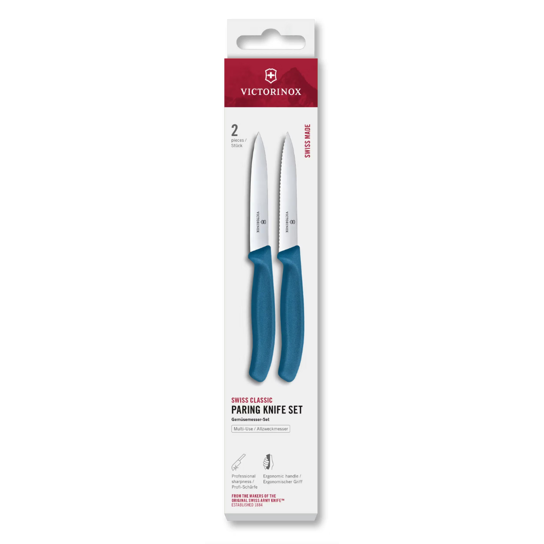 Victorinox Paring Knife Set 2 Pieces, 10cm Straight & Wavy Blades, Blue 6.7792.2C1