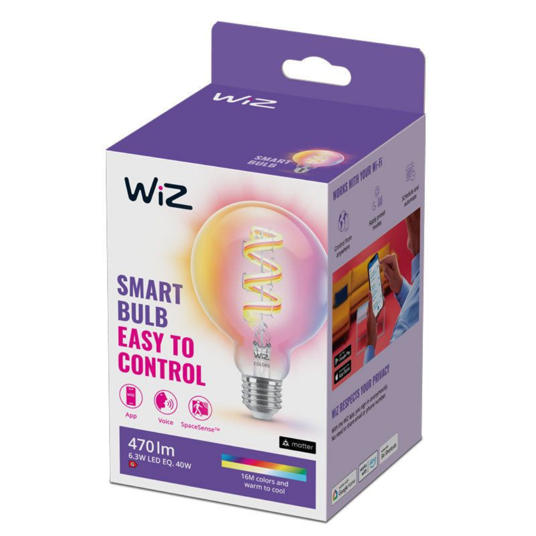 WiZ Smart LED Filament Bulb 6.3-40W E27 G95 RGB + Tunable White (Bluetooth + WiFi Control)