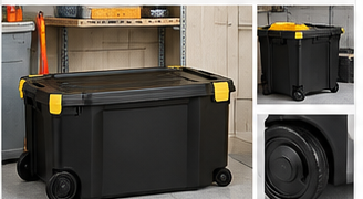 Large wheeled storage tote used in garage and utility storage