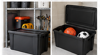 Heavy duty 68L storage tote used for garage and sports storage